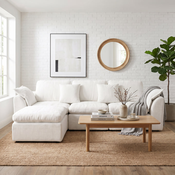 Modular 3-Seater Sectional Sofa Off-White Chenille with Movable Ottoman 246cm ARROWCREDENZA