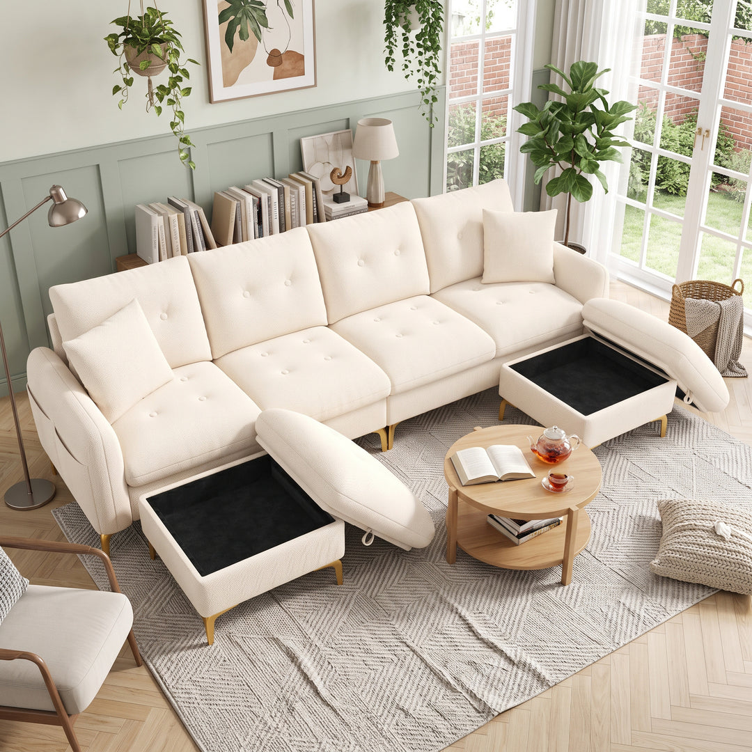 Modular U-Shaped Sofa 4 Seater Beige Chenille with 2 Storage Ottomans WOODMAX