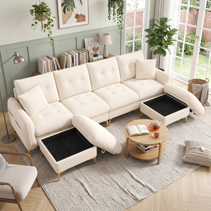 Modular U-Shaped Sofa 4 Seater Beige Chenille with 2 Storage Ottomans WOODMAX
