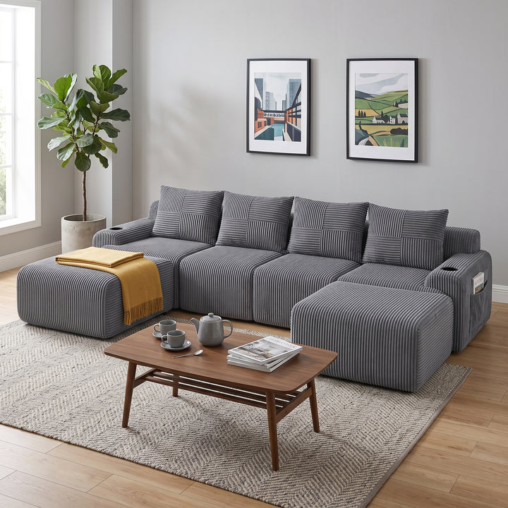 4-seaters modular corduroy sofa with 2 ottomans, dark grey RACKONE