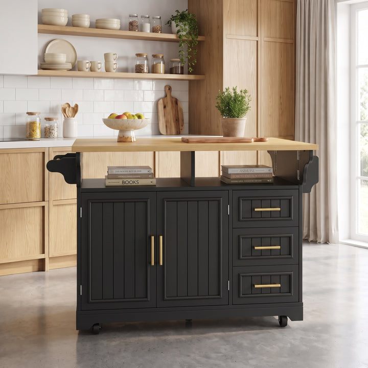 Black Kitchen Island on Castors with Fold-Out Worktop & Storage Drawers ARROWRACK