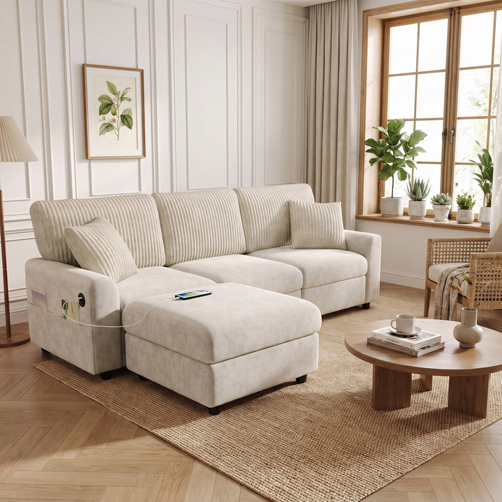 L-Shaped Sofa Beige Chenille and Corduroy with Footstool 223cm WOODPRO