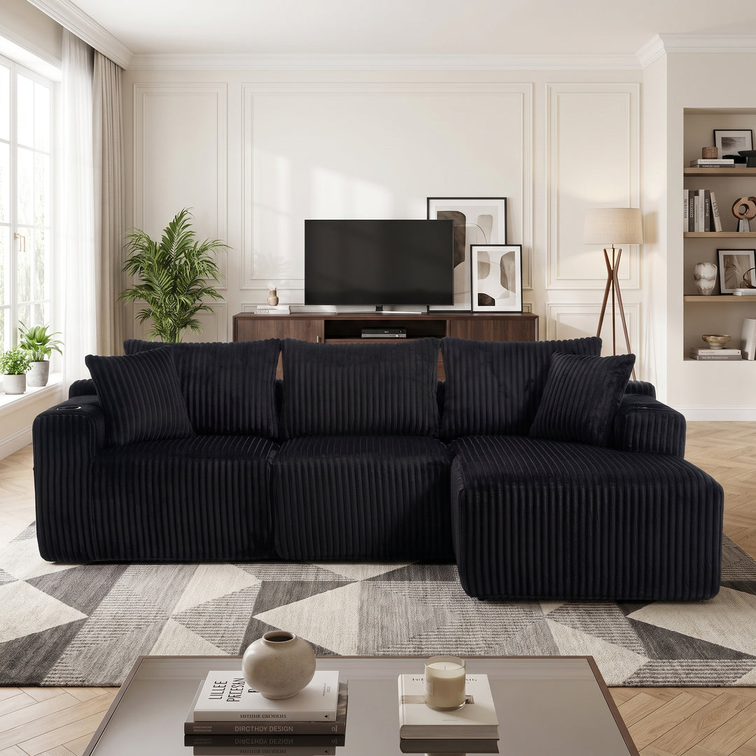 Black 3-Seater Corduroy L-Shaped Sectional Sofa with Chaise and Cup Holders WOOLCURTAIN