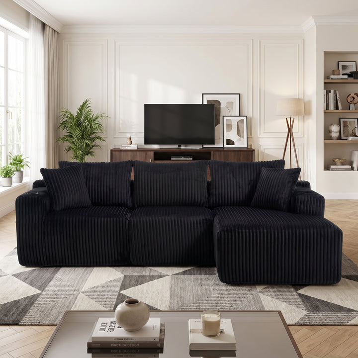 Black 3-Seater Corduroy L-Shaped Sectional Sofa with Chaise and Cup Holders WOOLCURTAIN