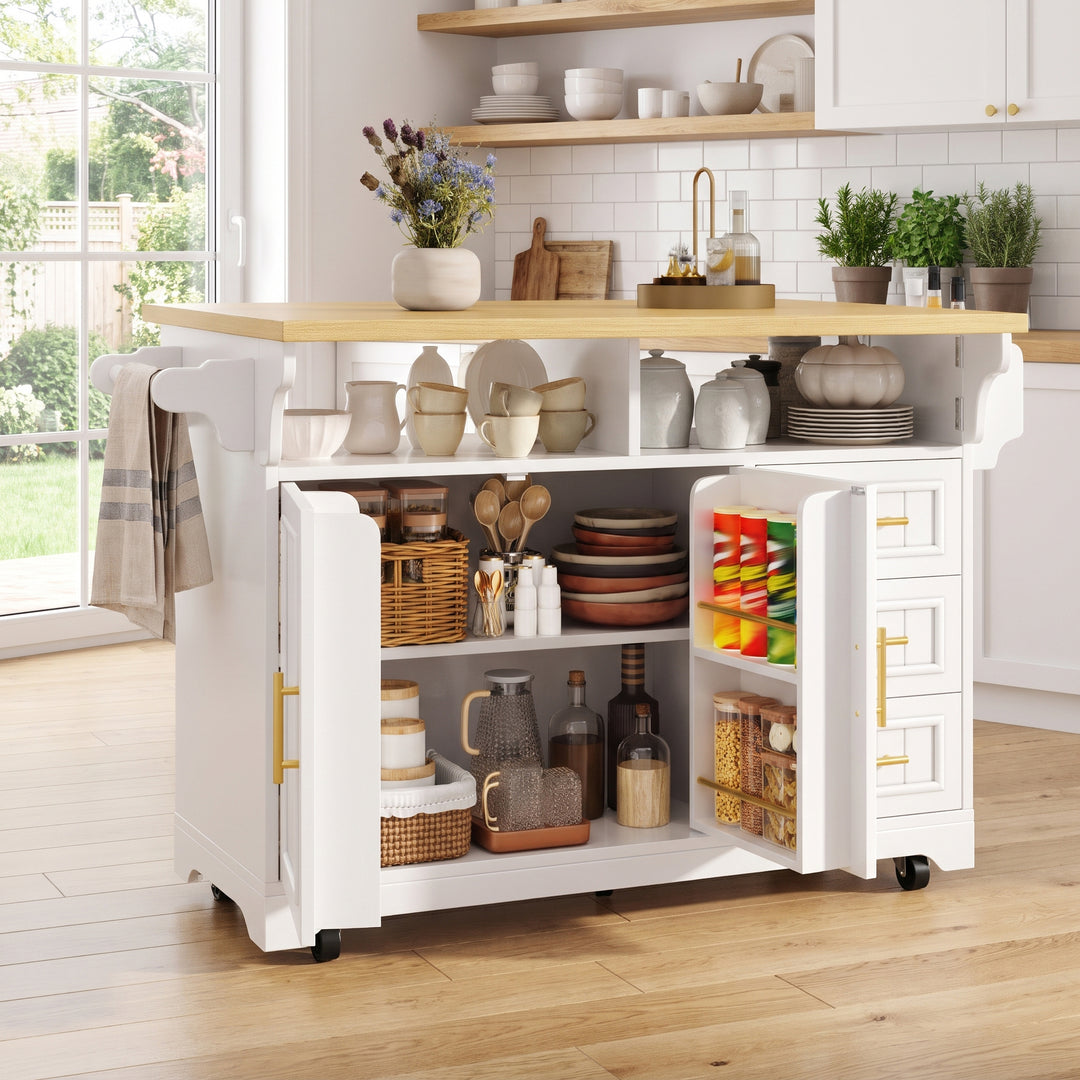 White Kitchen Island on Wheels with Fold-Out Worktop, 3 Drawers and Cabinets ARROWRUG