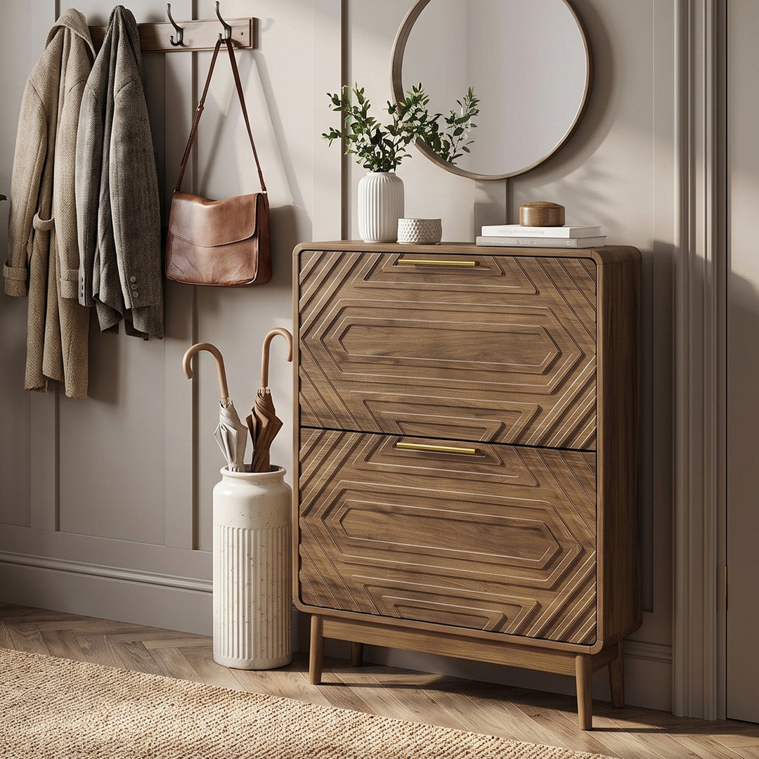 Walnut Shoe Cabinet with 2 Flip-Down Drawers, Slim Storage 60cm WOODELITE