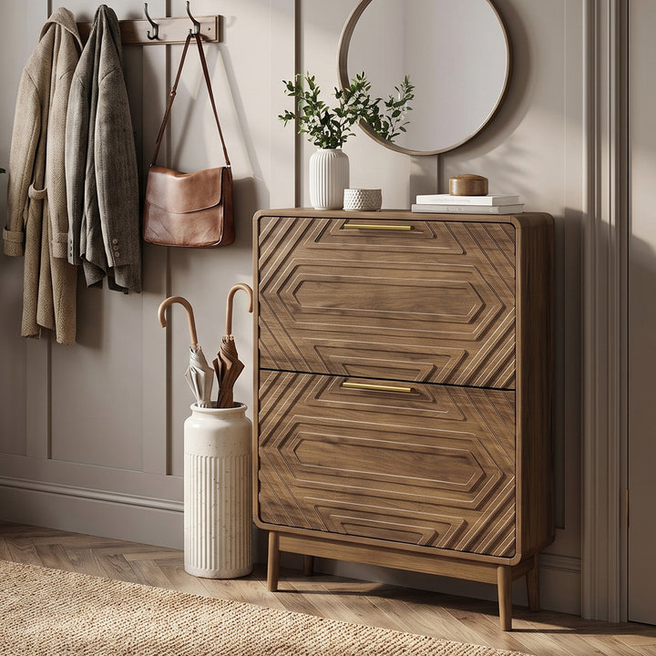 Walnut Shoe Cabinet with 2 Flip-Down Drawers, Slim Storage 60cm WOODELITE