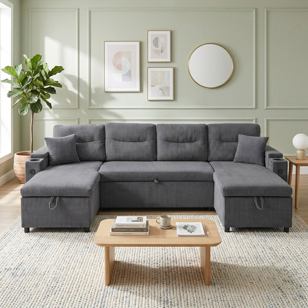 Luxury 4 Seater Grey Corduroy Convertible U-Shape Sofa with Dual Storage Chaises, Cup Holders and USB-C