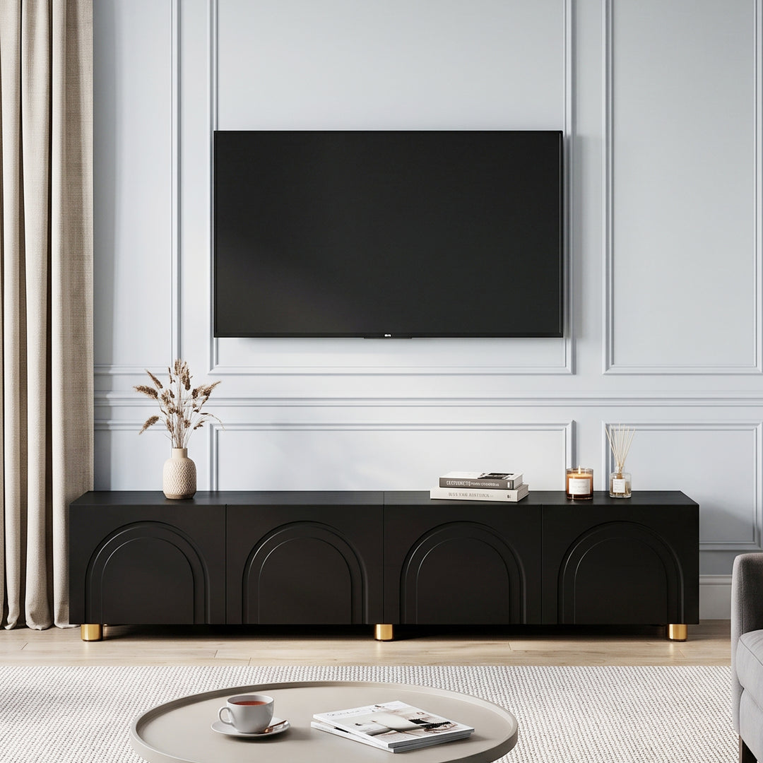 Black TV Cabinet with 4-Doors Arch Relief Storage 180cm TRITRUNK