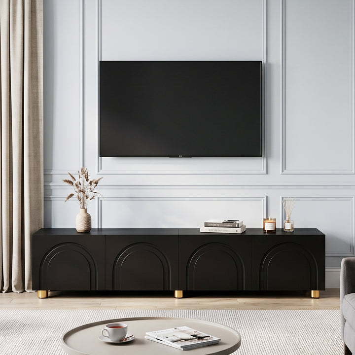 Black TV Cabinet with 4-Doors Arch Relief Storage 180cm TRITRUNK