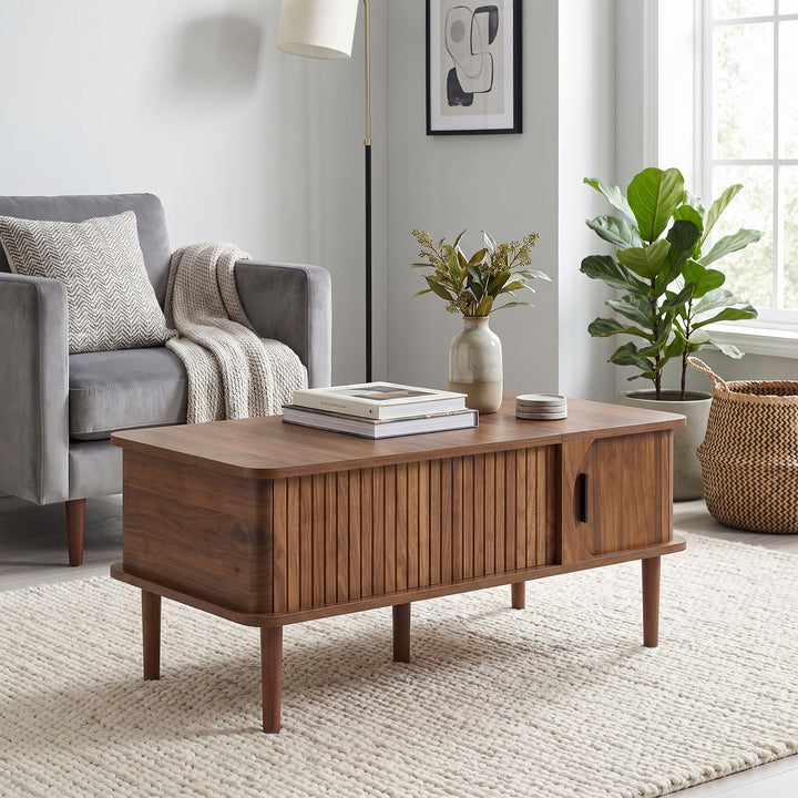 Walnut Lift-Top Coffee Table with Storage and Sliding Door 100cm WOODBOX