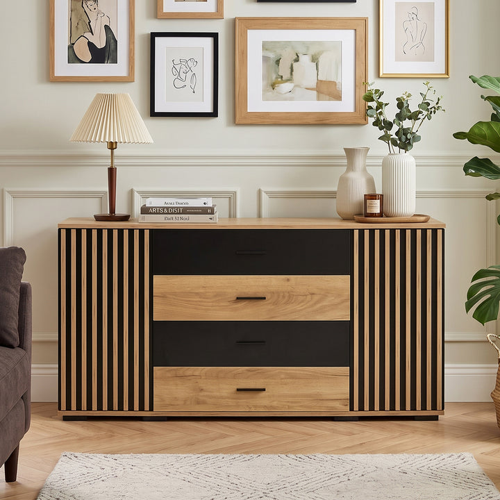 Oak Sideboard Black Stripe with 4 Drawers & 2 Doors 140cm WOODCHAIR