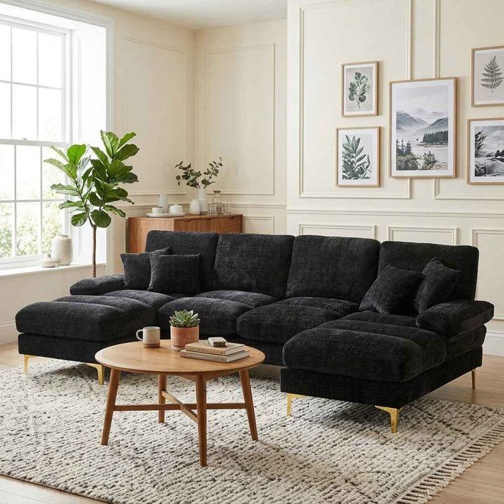 00+U-Shaped Sectional Sofa 272 cm Black Chenille Modular Double Chaise with Cushions WOOLDESK