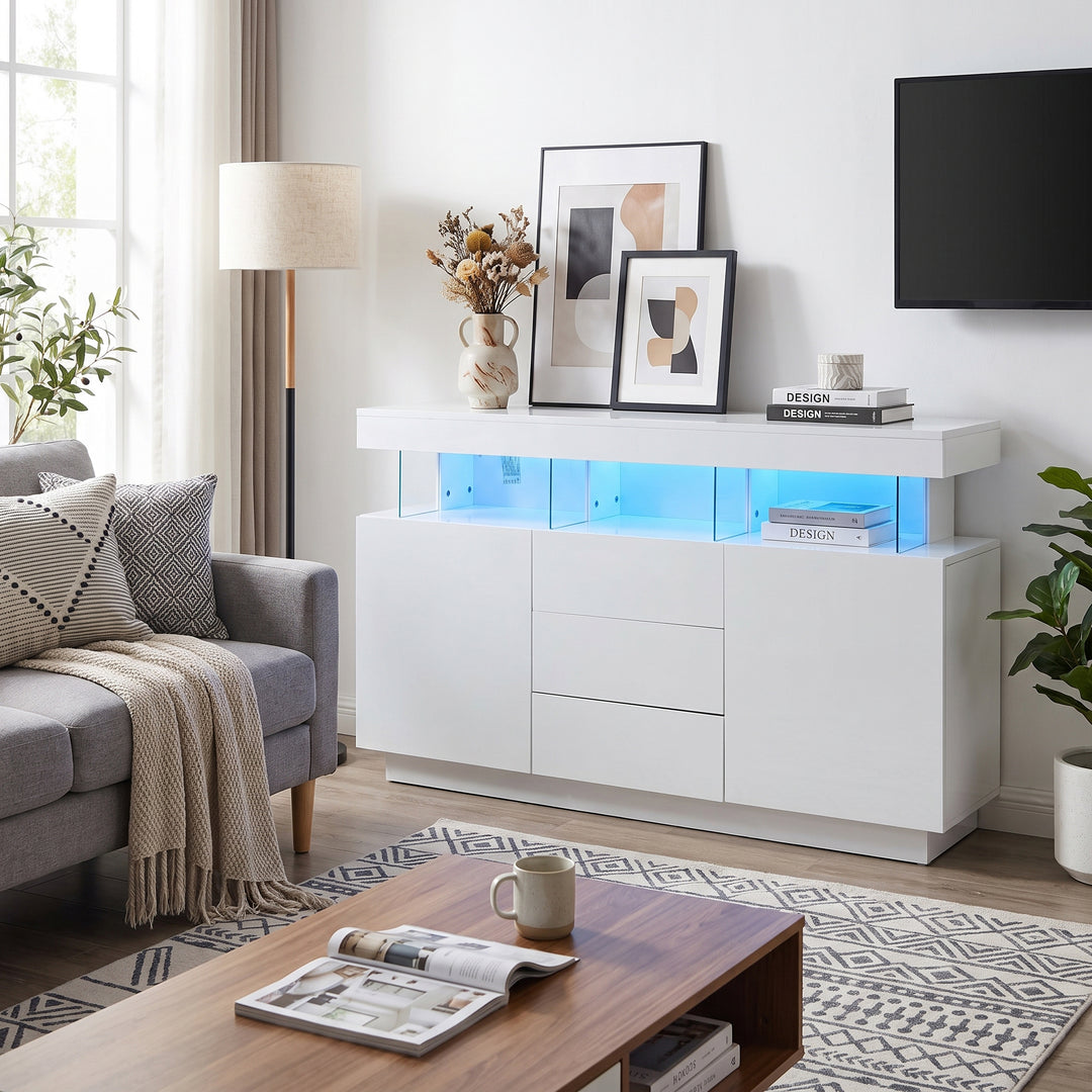 Modern White Sideboard 2 Doors 3 Drawers with LED Lights 140cm WOODMIRROR
