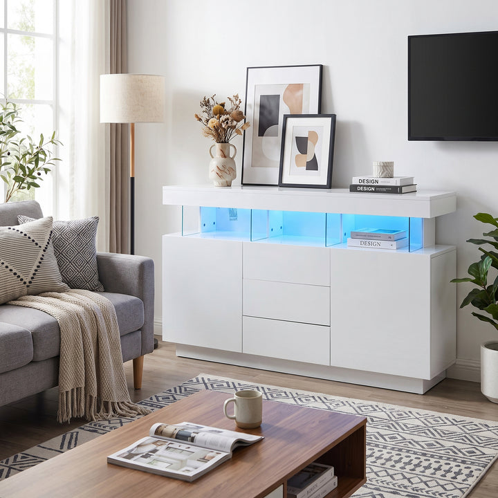 Modern White Sideboard 2 Doors 3 Drawers with LED Lights 140cm WOODMIRROR