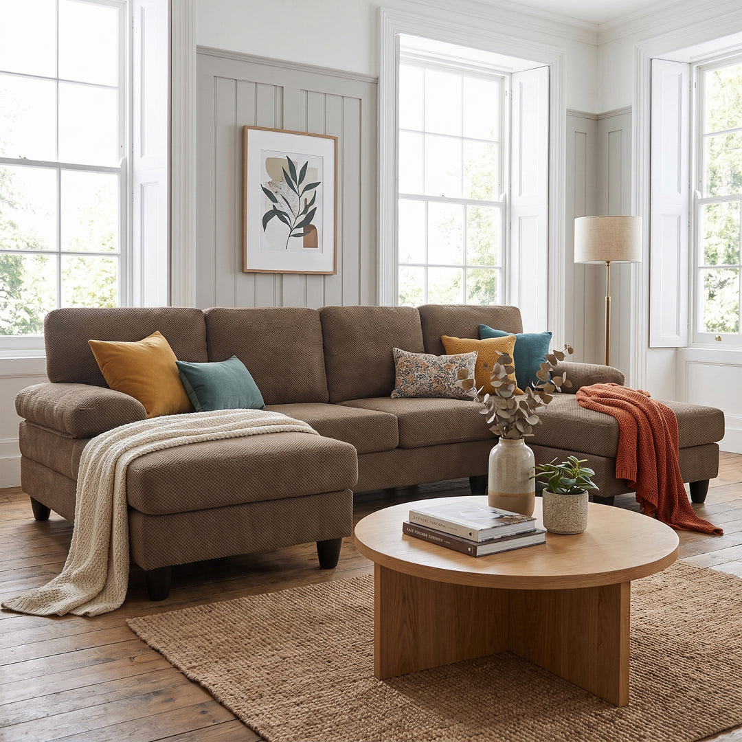 Modern Brown Fabric U-Shaped Sectional Sofa with Dual Chaises 264cm WOODTABLE
