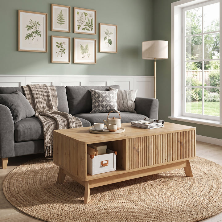 Oak Lift-Top Coffee Table with Hidden Storage and Open Shelf 95cm WOODCURTAIN