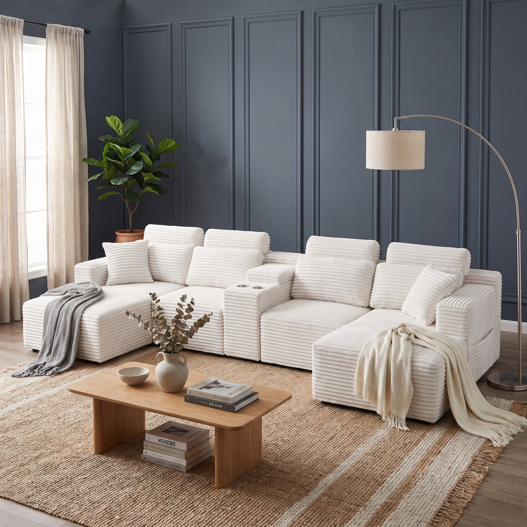 Corduroy U-Shaped Sectional 4–6 Seater Sofa with Dual Chaises, Modular Couch with Console and Cup Holders 370cm ARROWBED