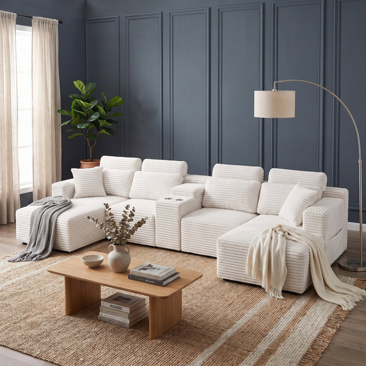 Corduroy U-Shaped Sectional 4–6 Seater Sofa with Dual Chaises, Modular Couch with Console and Cup Holders 370cm ARROWBED