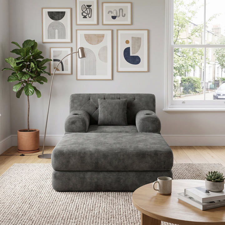 Contemporary Grey Corduroy Lounger with Tufted Back and Cupholders WOOLBASKET