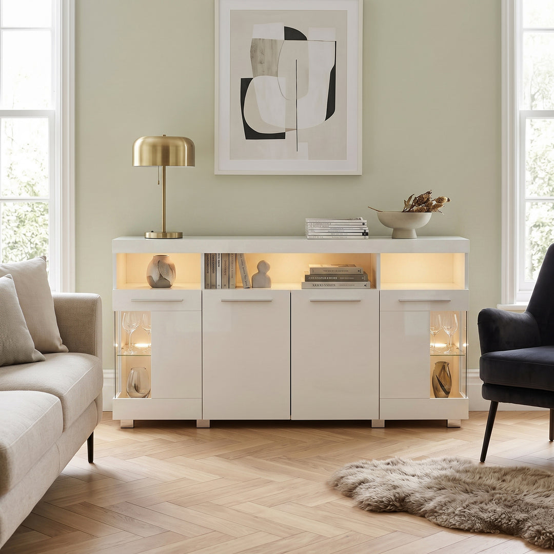 White high gloss sideboard cabinet with LED lights and glass shelves 140x40x70cm QUADSCREEN