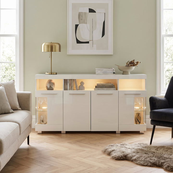 White high gloss sideboard cabinet with LED lights and glass shelves 140x40x70cm QUADSCREEN