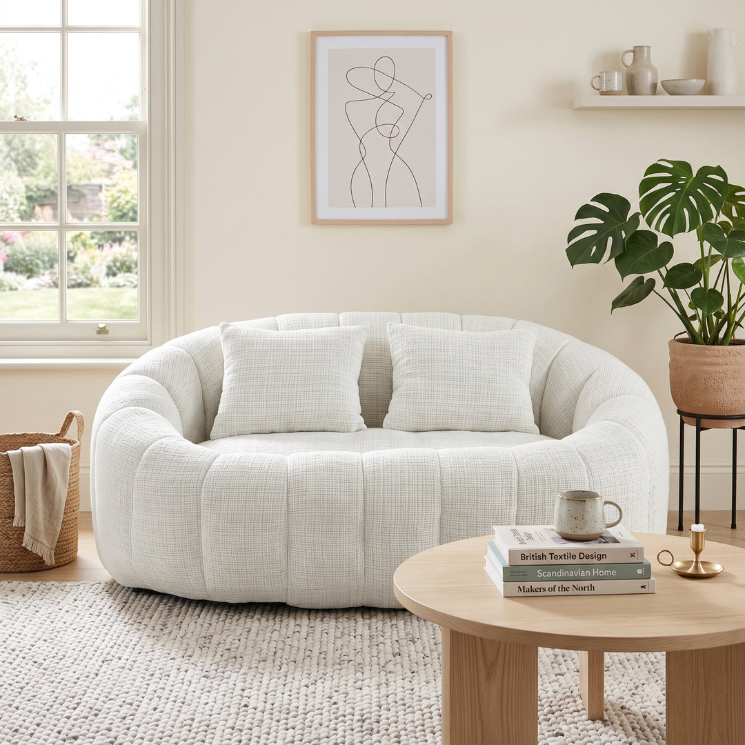 Contemporary Beige Chenille Curved Barrel Chair and Cuddle Lounger with 2 Pillows WOOLCHAIR