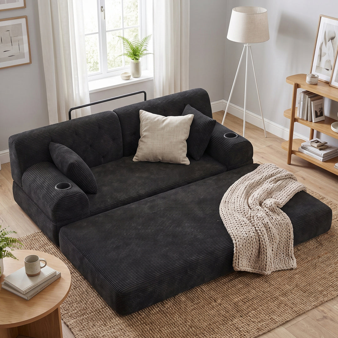 Contemporary Black Corduroy 2 Seaters Sofa Bed Convertible with Tufted Back and Cupholders WOODVANITY