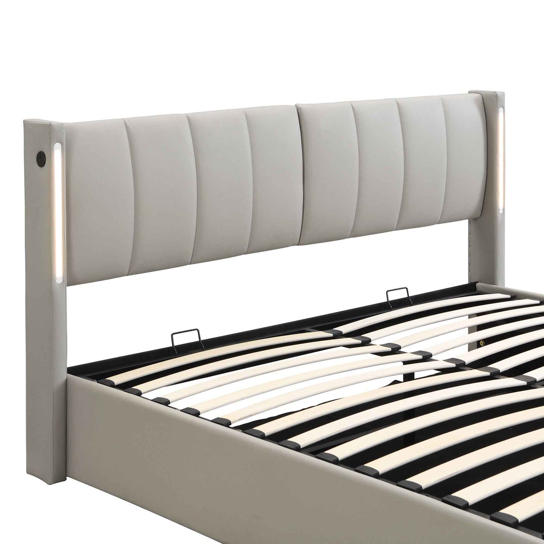 Super king size ottoman bed PU light grey with LED, USB ports, adjustable headboard 180x200cm INFINITEKAELIS
