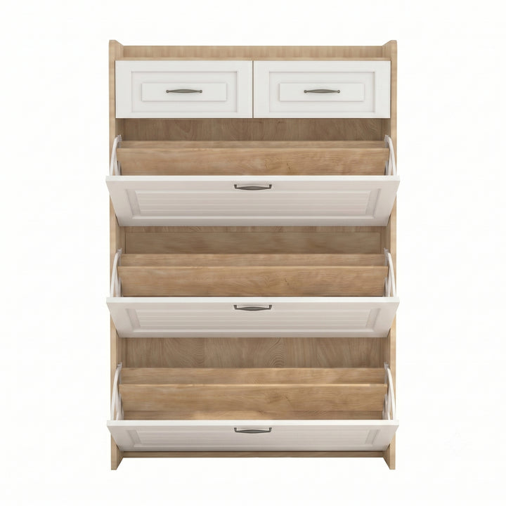 White shoe cabinet with 3 flip doors & 2 drawers 80x23.5x131cm ELEGANT TRAY ART