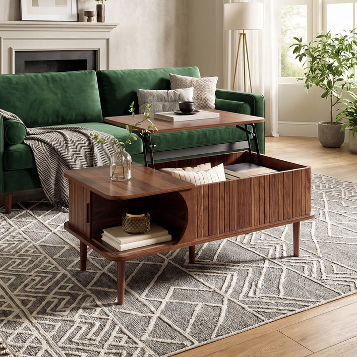 Walnut Lift-Top Coffee Table with Storage and Sliding Door 100cm WOODBOX