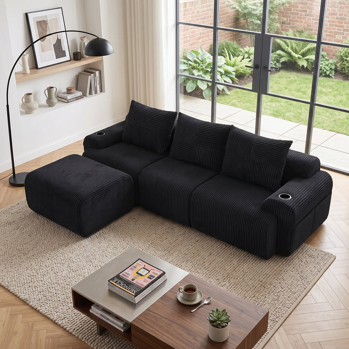Modular 3-seater L-shape corduroy sofa with ottomans, black, storage pockets RACKGREEN