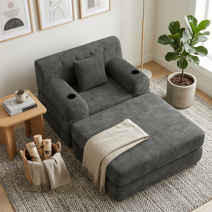 Contemporary Grey Corduroy Lounger with Tufted Back and Cupholders WOOLBASKET