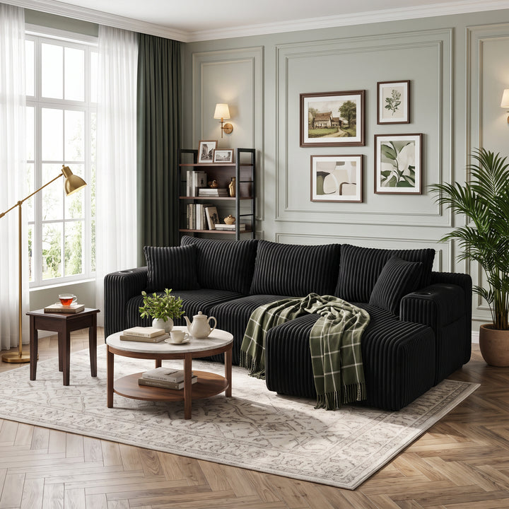 Black 3-Seater Corduroy L-Shaped Sectional Sofa with Chaise and Cup Holders WOOLCURTAIN