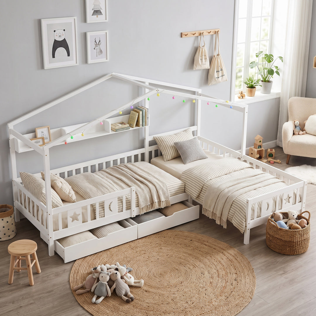 White Children's House Bed with 2 Storage Drawers LED Light and Guardrail 3ft 90x190 ARROWTHROW