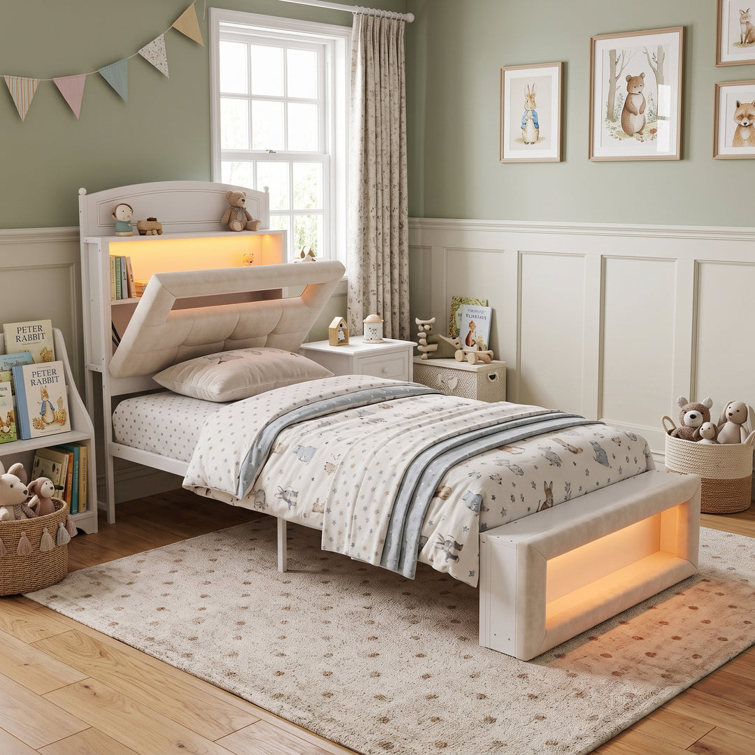 White Cream Velvet Single Bed Frame with Storage Headboard, Footboard & LED Lights 90x190cm WOODNIGHTSTAND