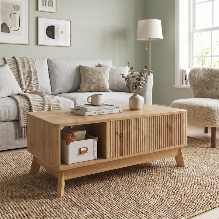 Oak Lift-Top Coffee Table with Hidden Storage and Open Shelf 95cm WOODCURTAIN