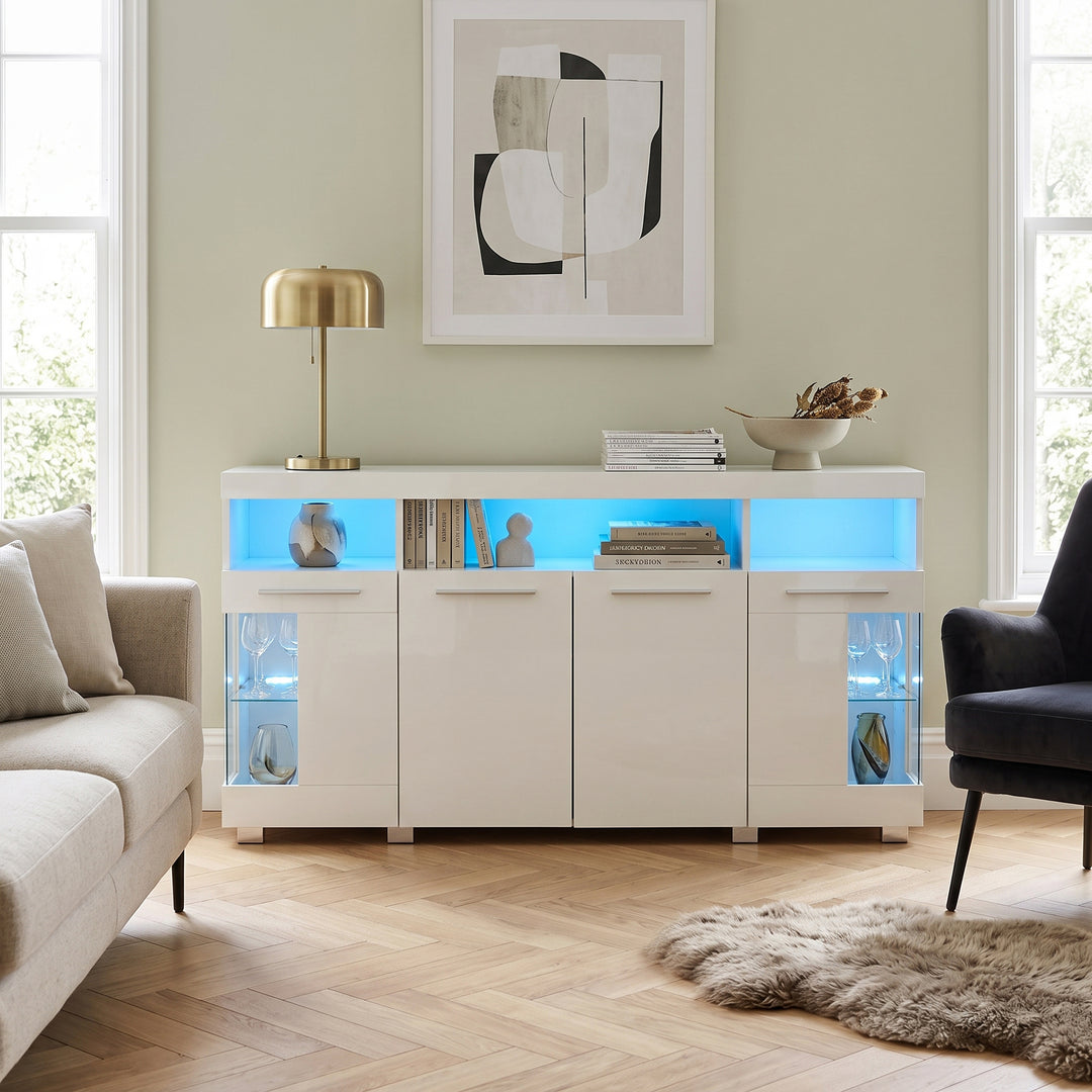 White high gloss sideboard cabinet with LED lights and glass shelves 140x40x70cm QUADSCREEN
