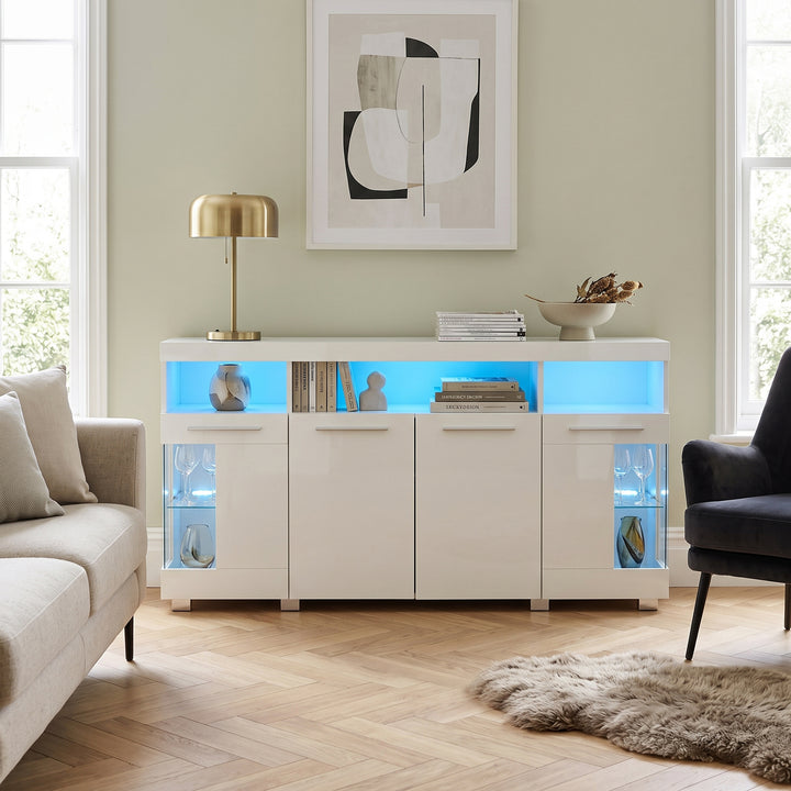 White high gloss sideboard cabinet with LED lights and glass shelves 140x40x70cm QUADSCREEN