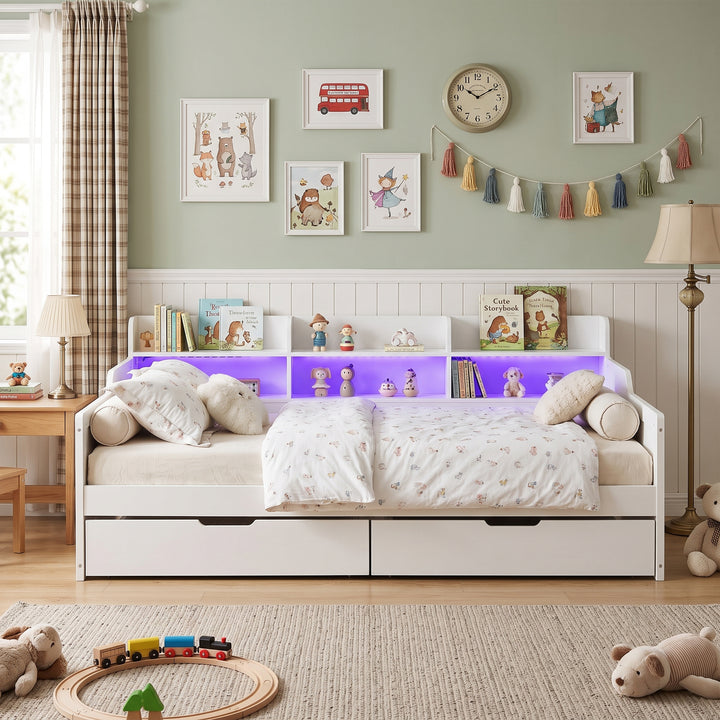 White Wooden Single Daybed Storage with 2 Wheeled Drawers and LED Light 90x190cm WOODWARDROBE