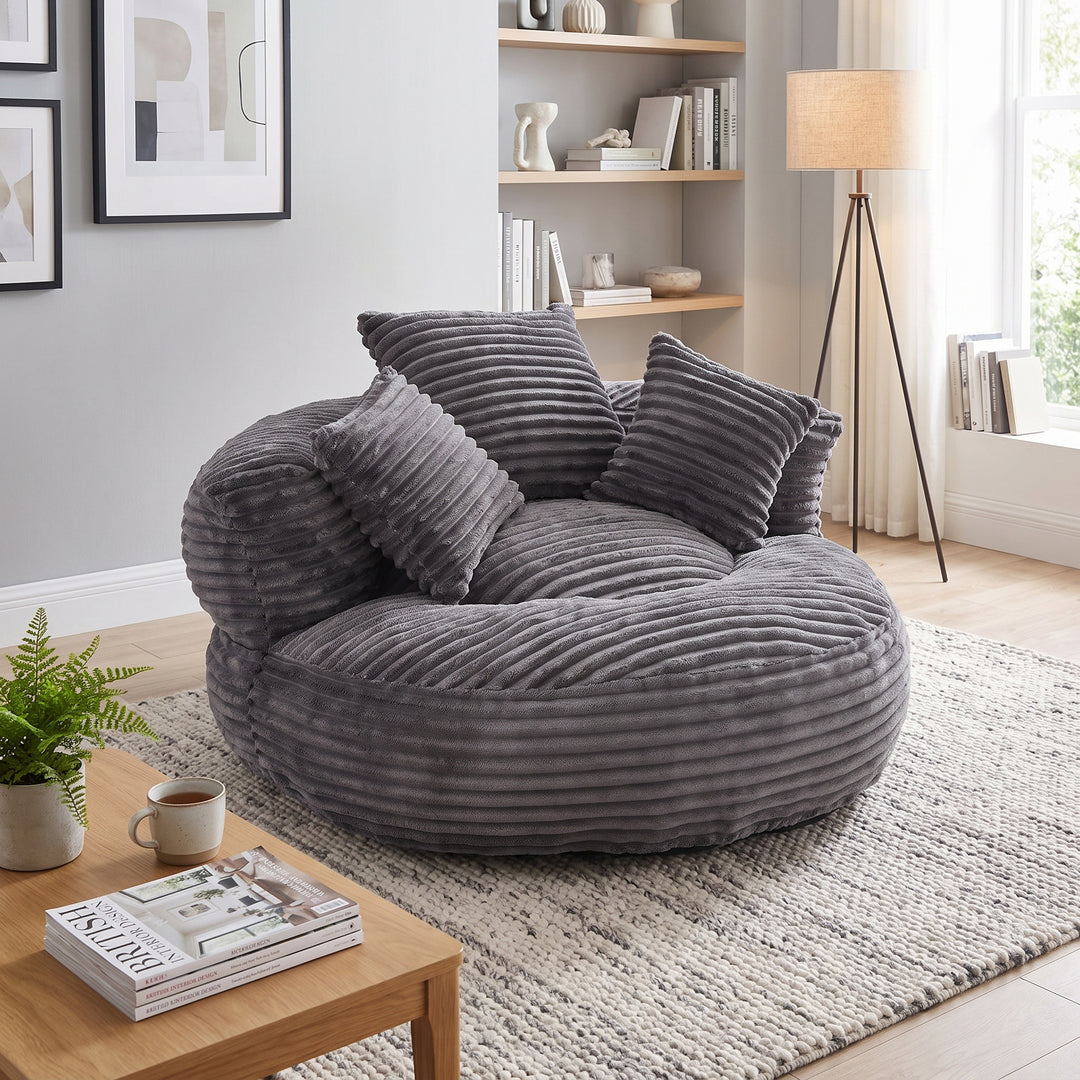 Large bean bag chair with 3 pillows, corduroy armchair, dark grey RACKWORK
