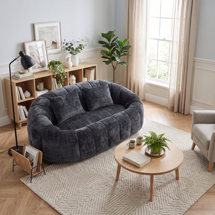 Contemporary Black Chenille Curved Barrel Chair and Cuddle Lounger with 2 Pillows WOOLCHEST