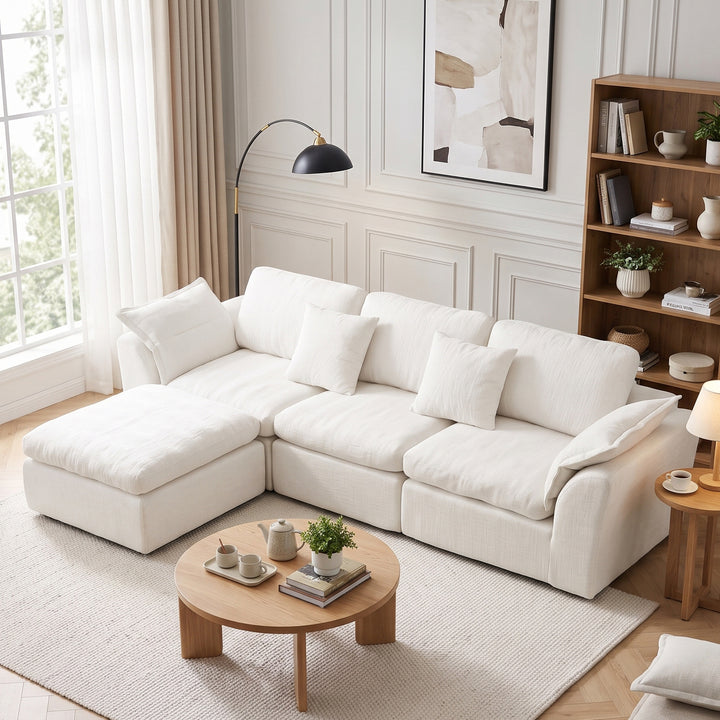 Modular 3-Seater Sectional Sofa Off-White Chenille with Movable Ottoman 246cm ARROWCREDENZA