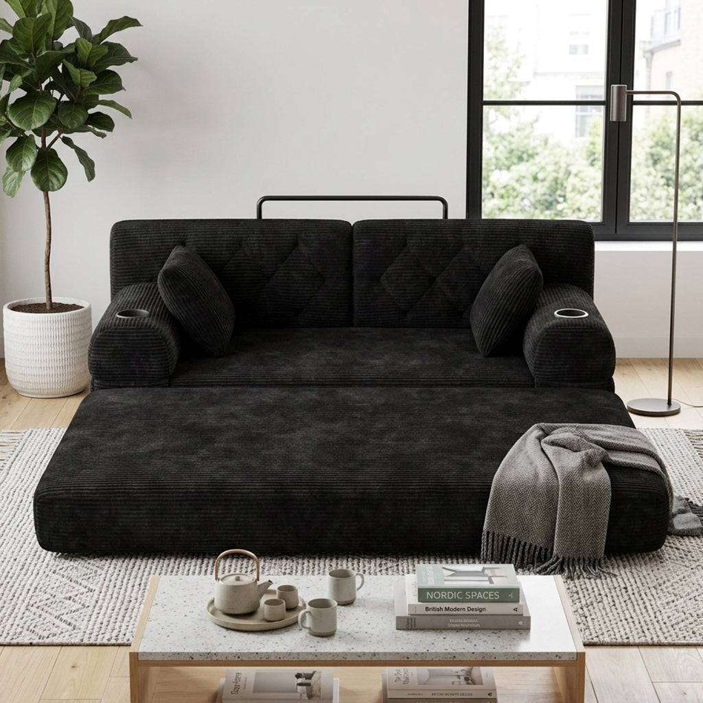 Contemporary Black Corduroy 2 Seaters Sofa Bed Convertible with Tufted Back and Cupholders WOODVANITY