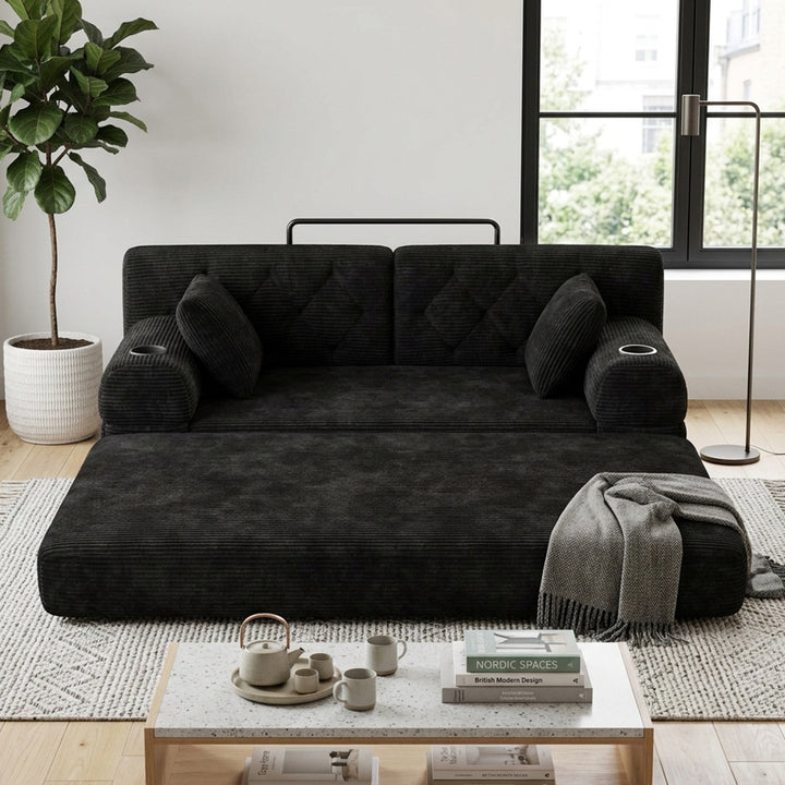 Contemporary Black Corduroy 2 Seaters Sofa Bed Convertible with Tufted Back and Cupholders WOODVANITY