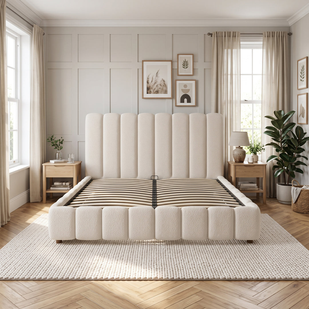 White Bouclé Super King Ottoman Bed & with Storage & Padded Headboard 180x200cm WOODROOM