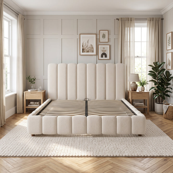 White Bouclé Super King Ottoman Bed & with Storage & Padded Headboard 180x200cm WOODROOM