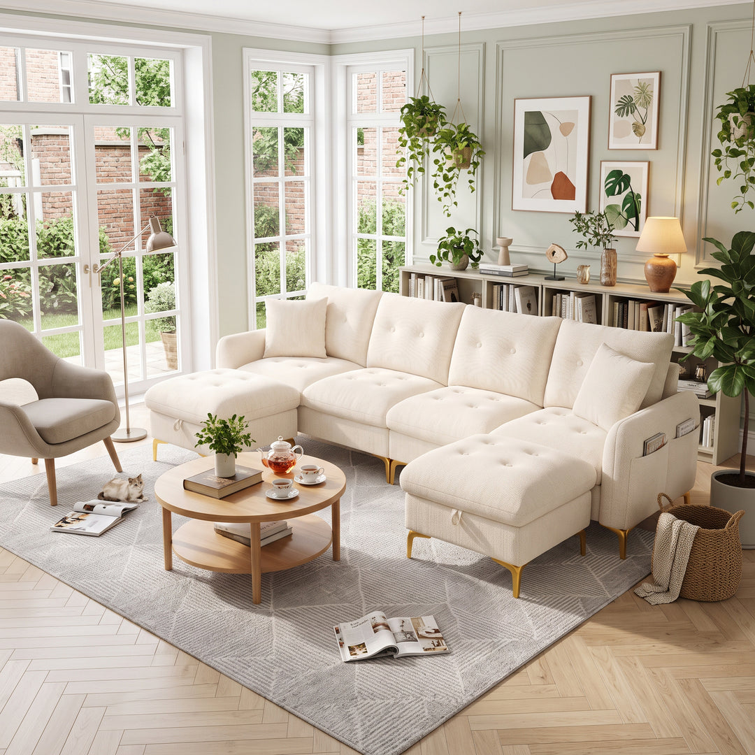 Modular U-Shaped Sofa 4 Seater Beige Chenille with 2 Storage Ottomans WOODMAX