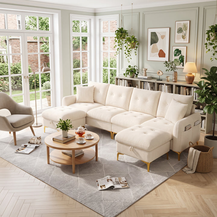 Modular U-Shaped Sofa 4 Seater Beige Chenille with 2 Storage Ottomans WOODMAX