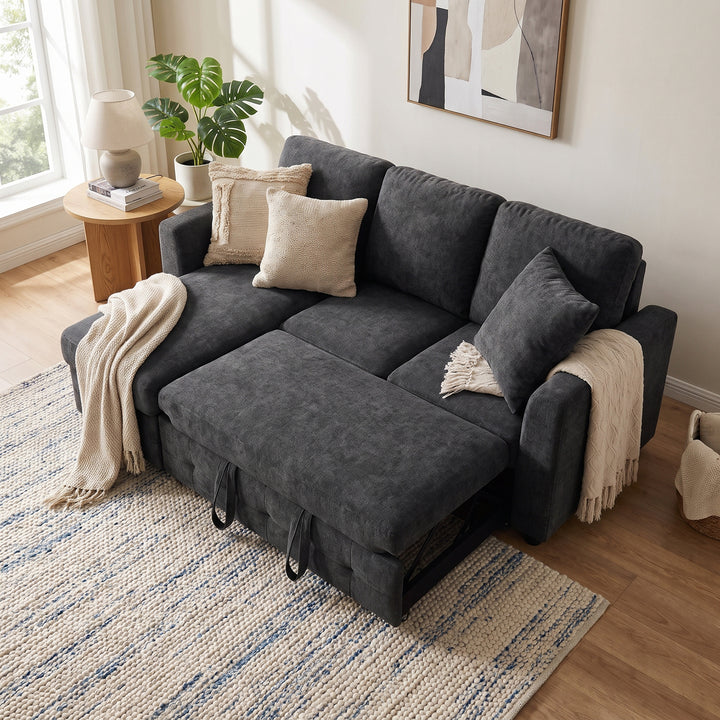 L-Shaped Corner 3-Seater Sofa Bed Grey Chenille with Storage Chaise and USB Charging 200cm ARROWCHEST